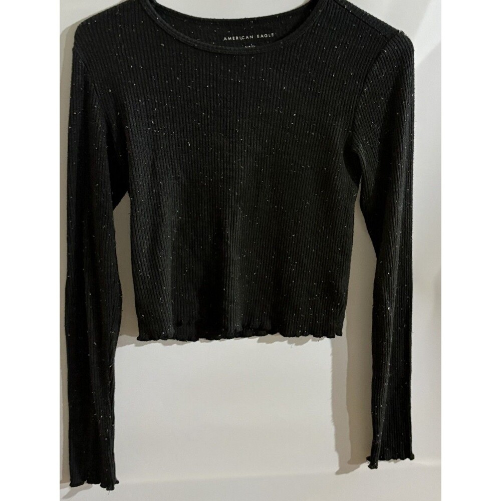American Eagle Women’s Black Rib Knit Round Neck Long Sleeve Cropped Top S